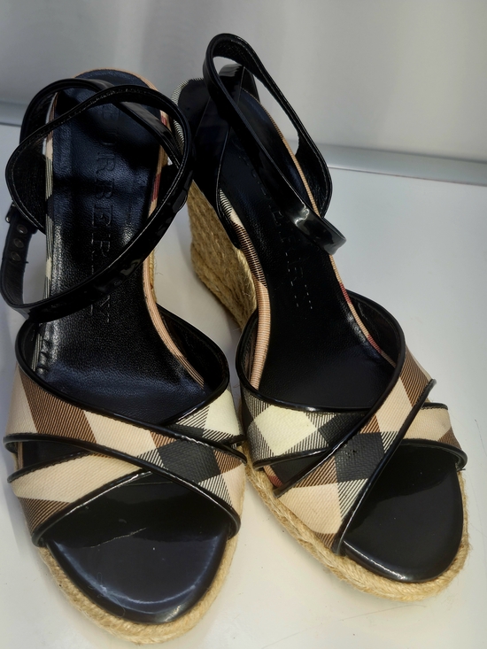 Burberry Shoes - Burberry Plaid Espadrille Wedge Sandals - Black & Beige